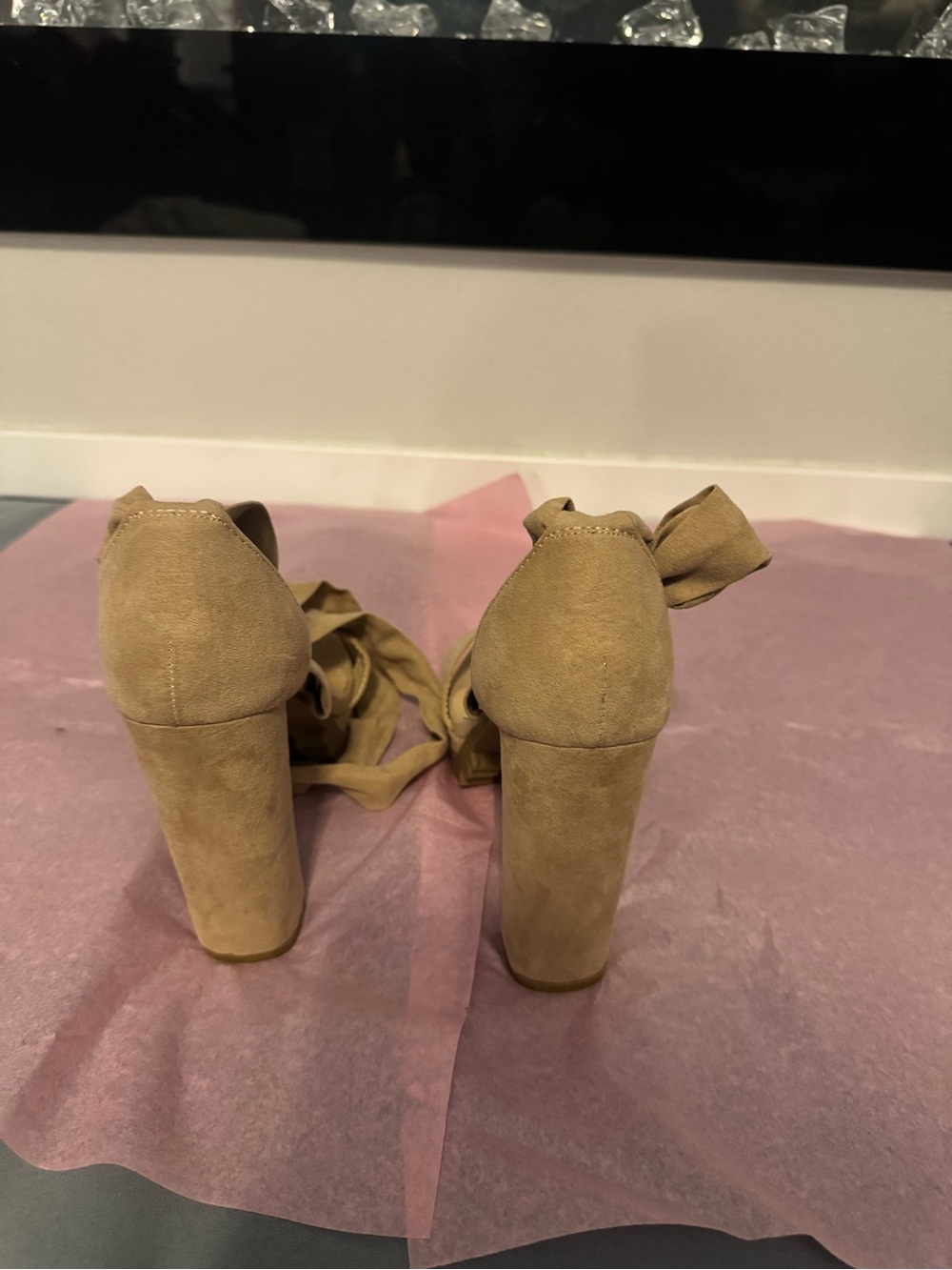 Fashion Nova Tan Suede Wrap Platform Heels - Picture 4 of 5